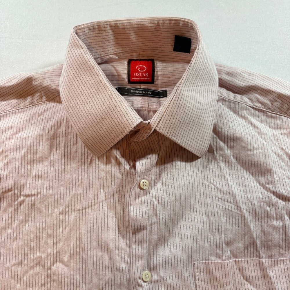 Oscar de la Renta Dress Shirt Mens 16.5 34/35 Pink Striped Cotton Button Down